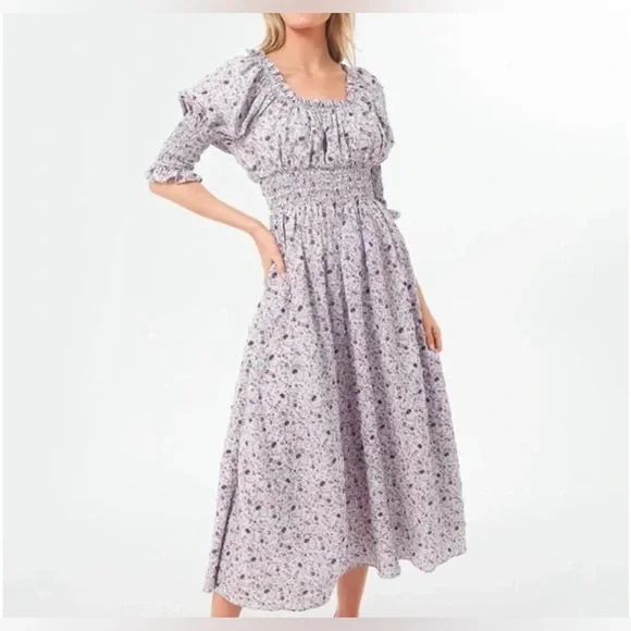 Tuckernuck Hyacinth House Smocked Ruched Cali Floral Midi Dress in Lavender M - Picture 3 of 16